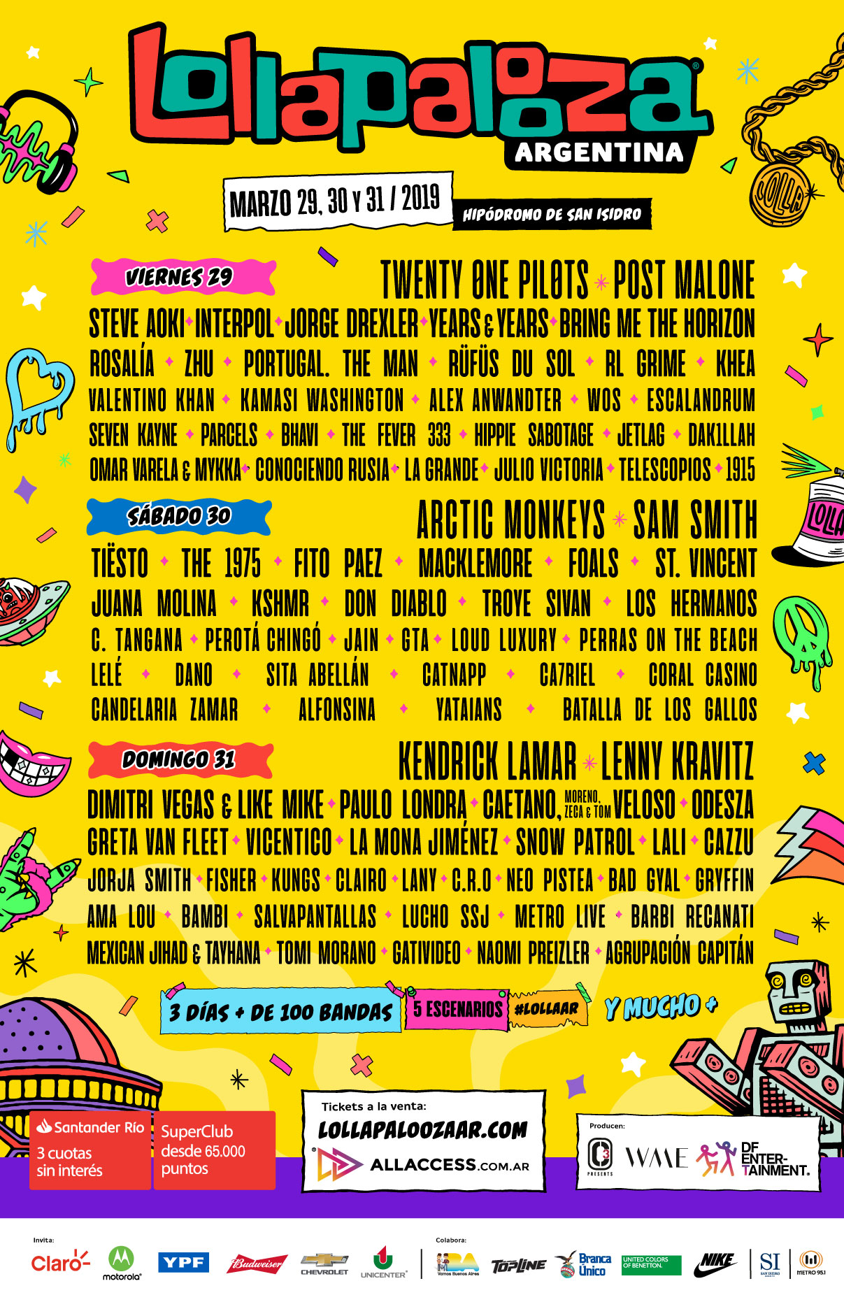 Lineup Lollapalooza Argentina 2019 Artistas Line-up Lolla Argentina 2019 Kendrick Lamar, Arctic Monkeys, Twenty One Pilots, Lenny Kravitz, Post Malone, Sam Smith, Tiësto